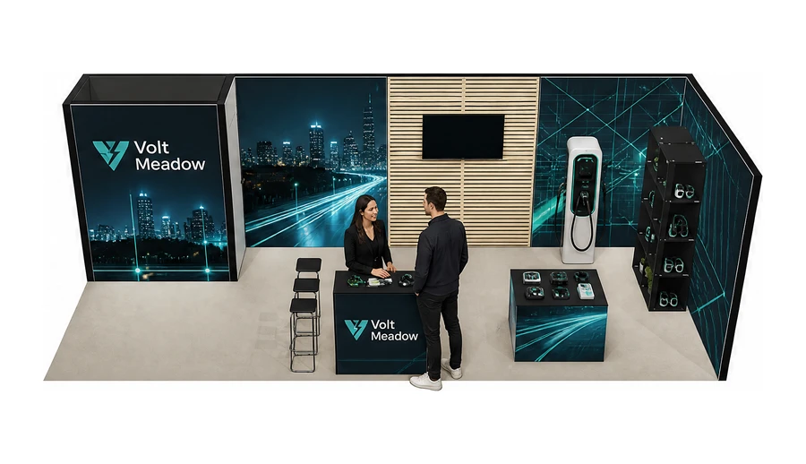 Stoisko 8 × 3 m narożne prawe dla branży elektromobilność i ładowarki, przykładowa marka Volt Meadow