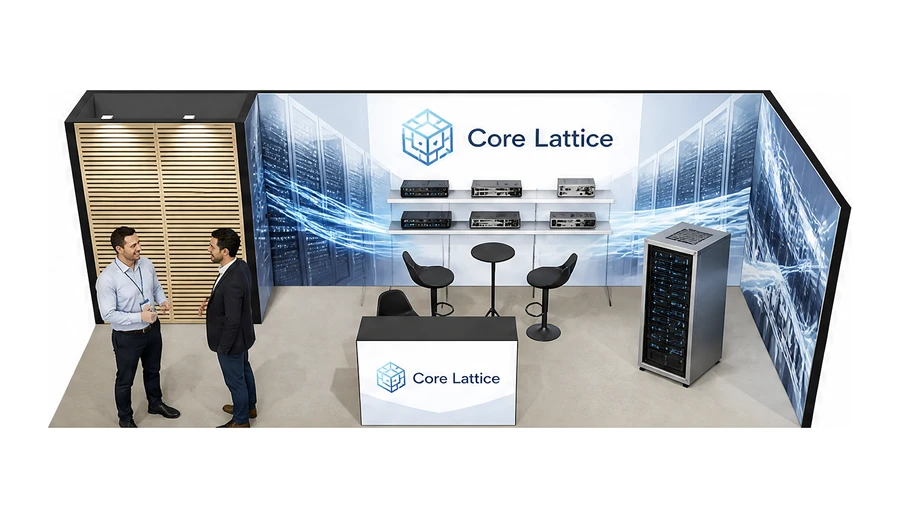 Stoisko 8 × 3 m narożne prawe dla branży infrastruktura IT i data center, przykładowa marka Core Lattice