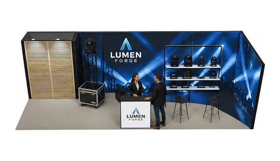 Stoisko 8 × 3 m narożne prawe dla branży branża eventowa, przykładowa marka Lumen Forge