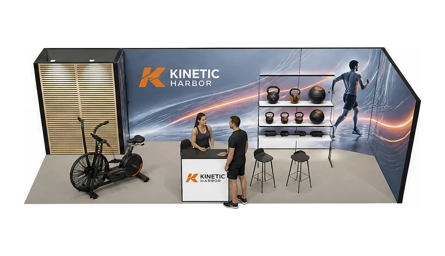 Stoisko 8 × 3 m narożne prawe dla branży fitness i siłownie, przykładowa marka Kinetic Harbor