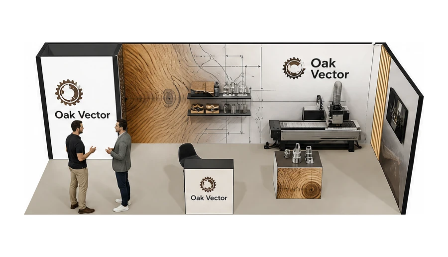 Stoisko 8 × 3 m narożne prawe dla branży maszyny do obróbki drewna, przykładowa marka Oak Vector