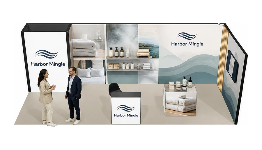 Stoisko 8 × 3 m narożne prawe dla branży wyposażenie hoteli, przykładowa marka Harbor Mingle