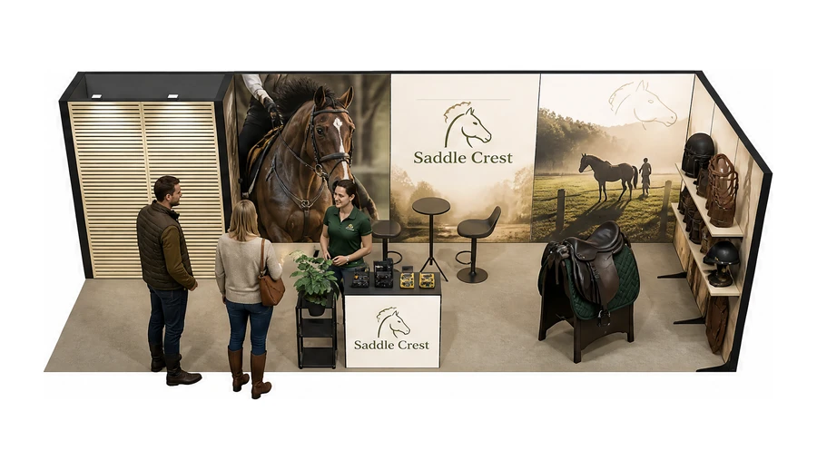 Stoisko 8 × 3 m narożne prawe dla branży jeździectwo, przykładowa marka Saddle Crest