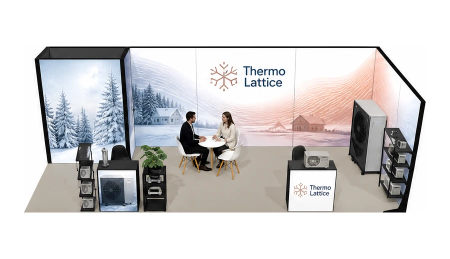 Stoisko 8 × 3 m narożne prawe dla branży pompy ciepła i ogrzewanie, przykładowa marka Thermo Lattice
