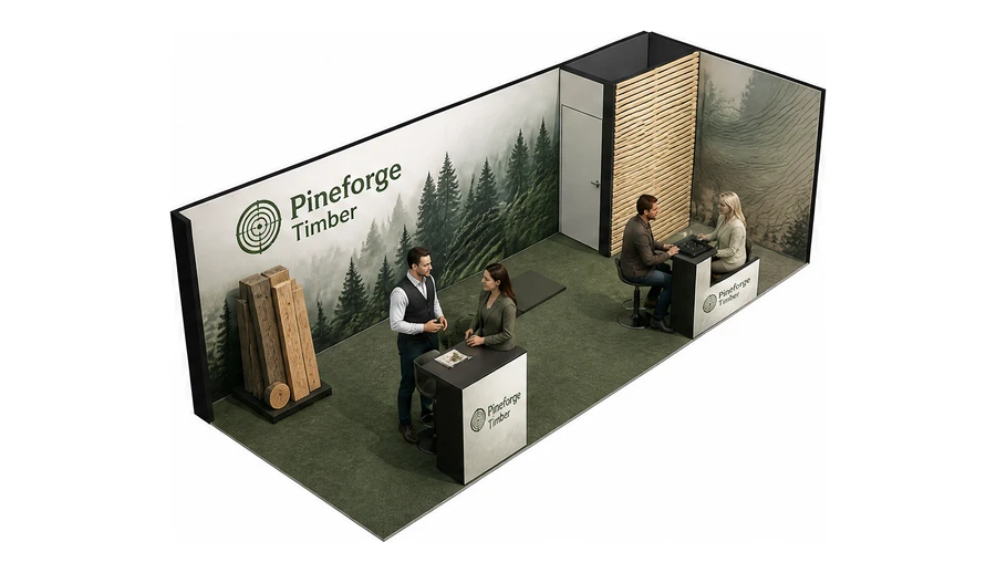 Stoisko 8 × 3 m narożne prawe dla branży leśnictwo i przemysł drzewny, przykładowa marka Pineforge Timber