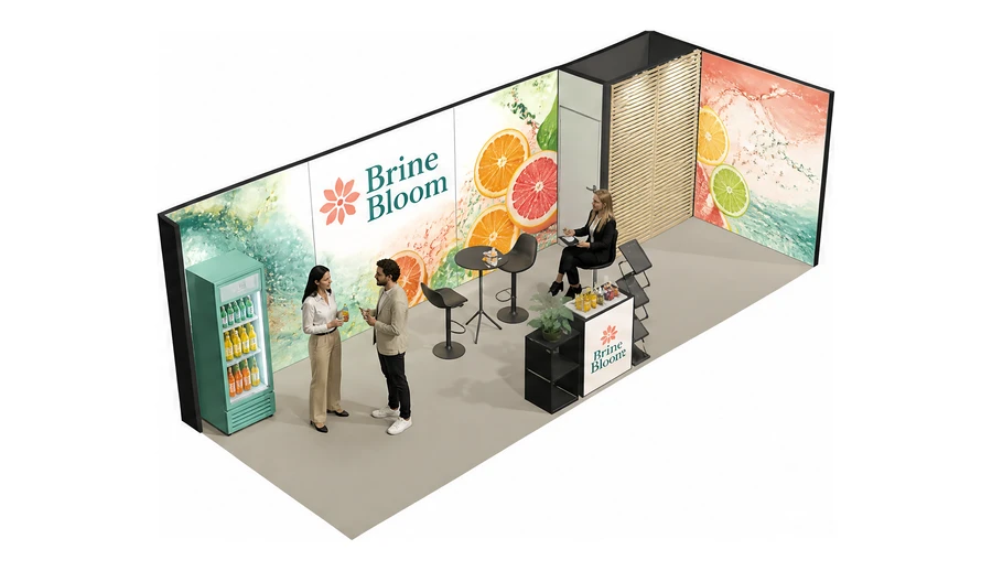 Stoisko 8 × 3 m narożne prawe dla branży napoje, przykładowa marka Brine Bloom