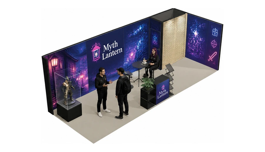 Stoisko 8 × 3 m narożne prawe dla branży gry wideo, przykładowa marka Myth Lantern