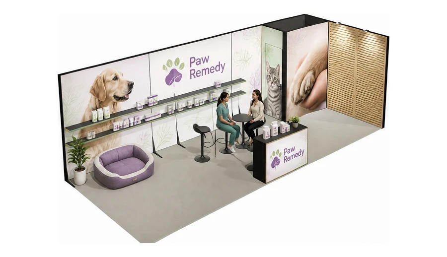 Stoisko 8 × 3 m narożne prawe dla branży weterynaria, przykładowa marka Paw Remedy