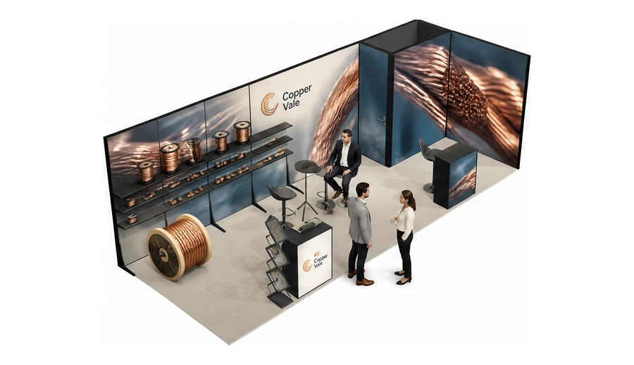 Stoisko 8 × 3 m narożne prawe dla branży kable i elektrotechnika, przykładowa marka Copper Vale