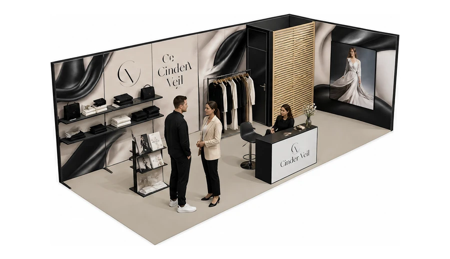 Stoisko 8 × 3 m narożne prawe dla branży odzież i moda, przykładowa marka Cinder Veil