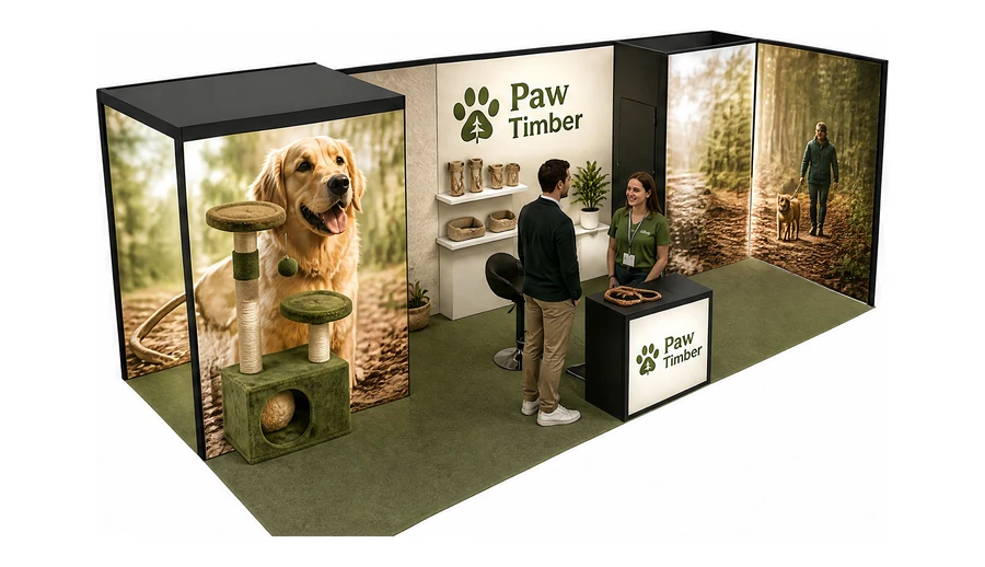 Stoisko 8 × 3 m narożne prawe dla branży akcesoria dla zwierząt, przykładowa marka Paw Timber