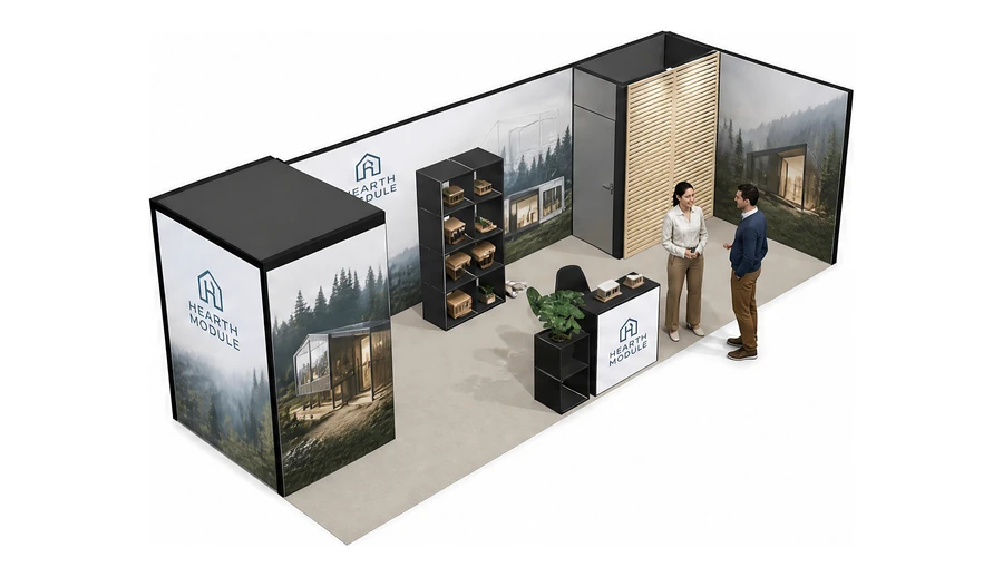 Stoisko 8 × 3 m narożne prawe dla branży domy modułowe i prefabrykacja, przykładowa marka Hearth Module