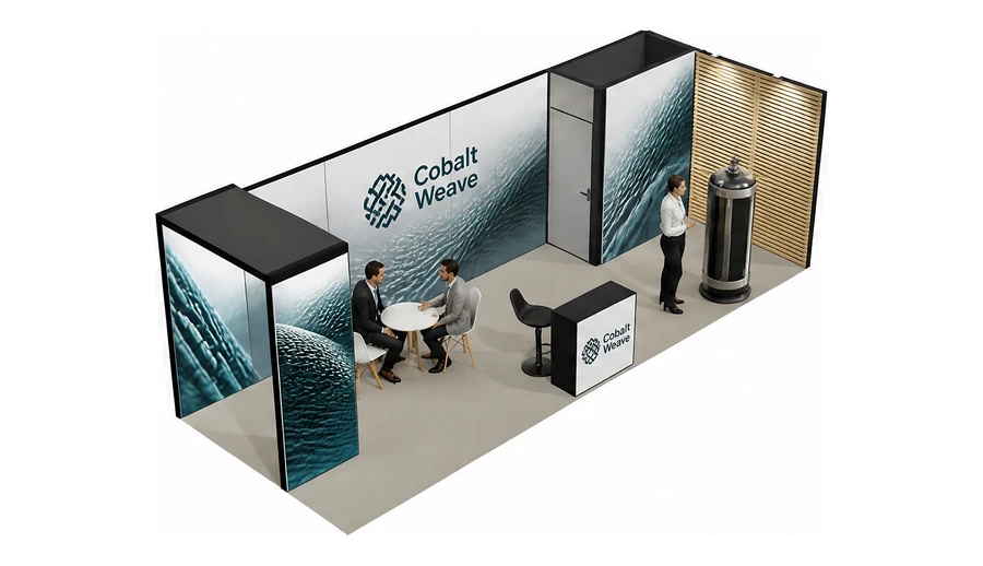 Stoisko 8 × 3 m narożne prawe dla branży materiały kompozytowe, przykładowa marka Cobalt Weave