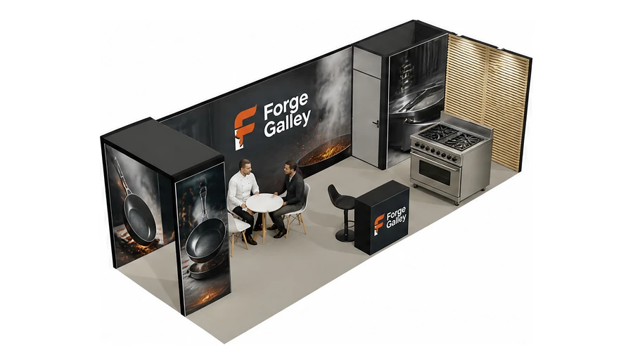 Stoisko 8 × 3 m narożne prawe dla branży wyposażenie gastronomii, przykładowa marka Forge Galley
