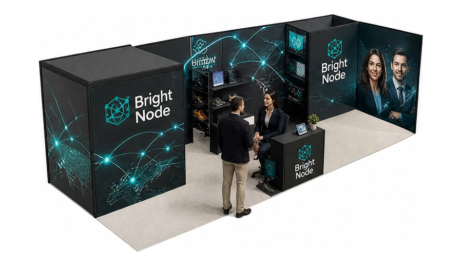 Stoisko 8 × 3 m narożne prawe dla branży franczyza i sieci, przykładowa marka Bright Node