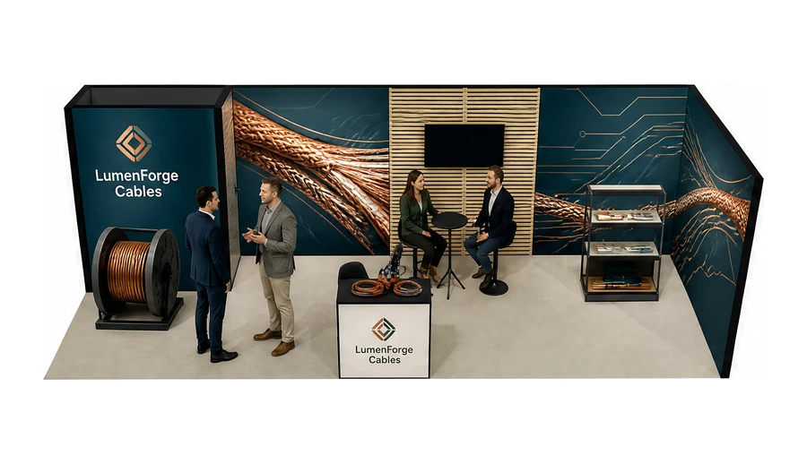 Stoisko 8 × 3 m narożne prawe dla branży kable i elektrotechnika, przykładowa marka LumenForge Cables