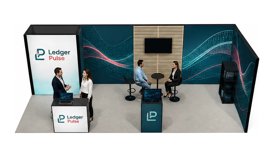 Stoisko 8 × 3 m narożne prawe dla branży oprogramowanie dla firm, przykładowa marka Ledger Pulse
