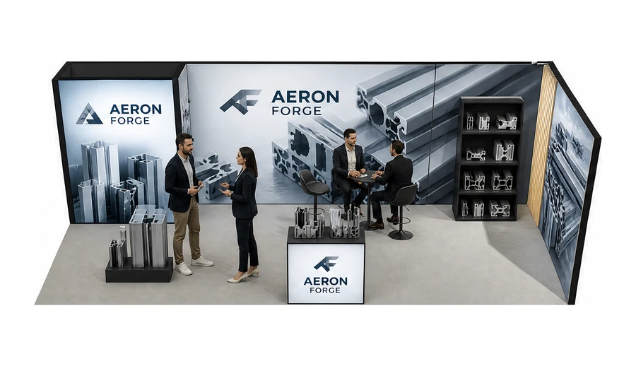 Stoisko 8 × 3 m narożne prawe dla branży profile aluminiowe, przykładowa marka Aeron Forge