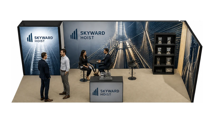 Stoisko 8 × 3 m narożne prawe dla branży dźwigi i windy, przykładowa marka Skyward Hoist