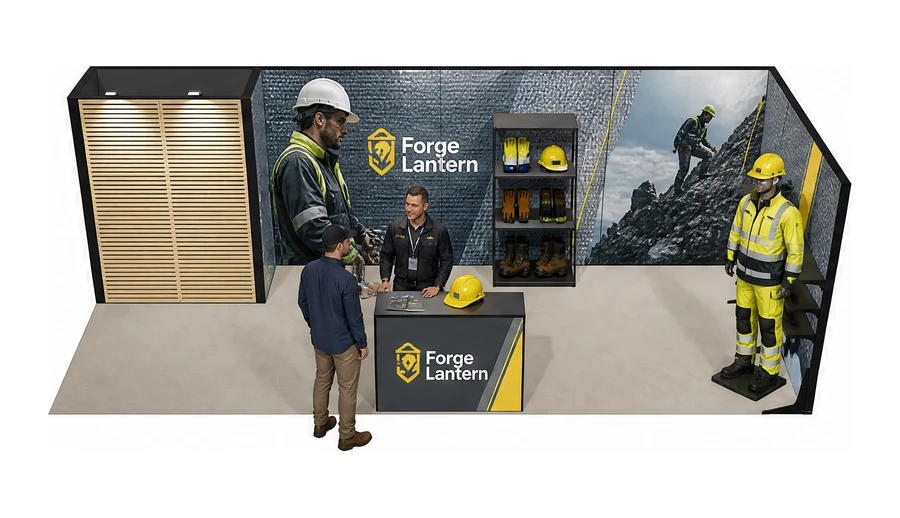 Stoisko 8 × 3 m narożne prawe dla branży BHP i odzież ochronna, przykładowa marka Forge Lantern