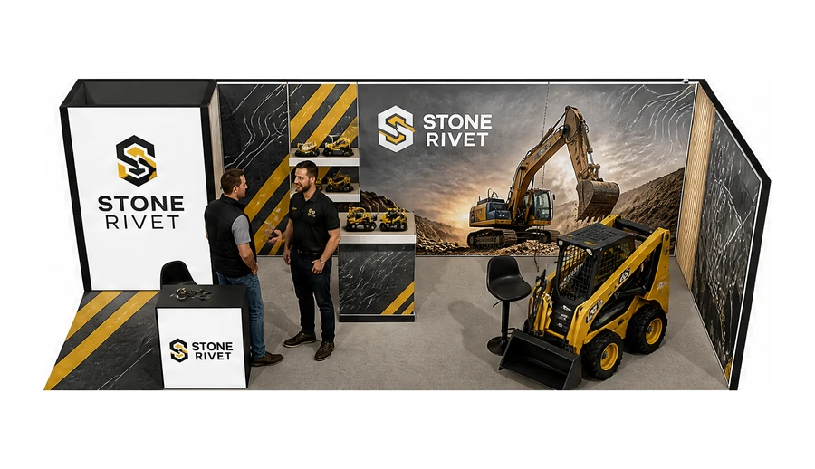 Stoisko 8 × 3 m narożne prawe dla branży maszyny budowlane, przykładowa marka Stone Rivet