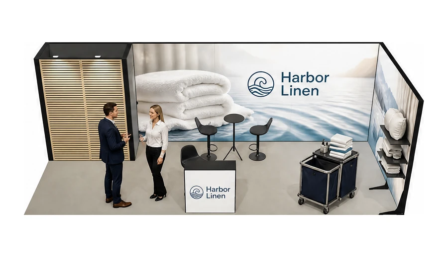 Stoisko 8 × 3 m narożne prawe dla branży wyposażenie hoteli, przykładowa marka Harbor Linen