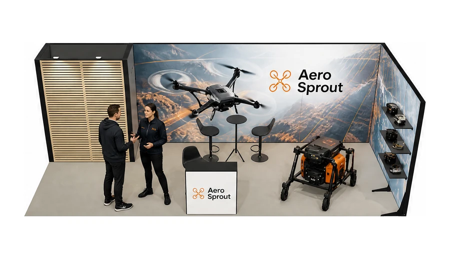 Stoisko 8 × 3 m narożne prawe dla branży drony i robotyka, przykładowa marka Aero Sprout