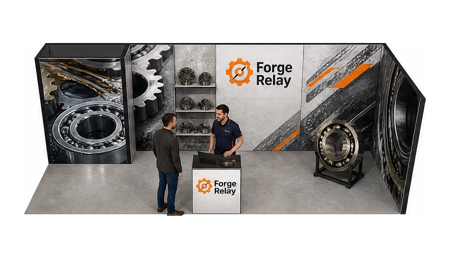 Stoisko 8 × 3 m narożne prawe dla branży utrzymanie ruchu, przykładowa marka Forge Relay