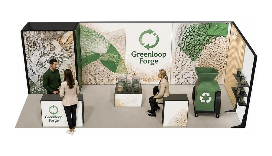 Stoisko 8 × 3 m narożne prawe dla branży recykling i ochrona środowiska, przykładowa marka Greenloop Forge