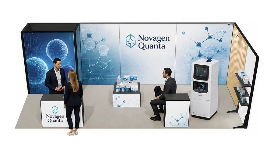 Stoisko 8 × 3 m narożne prawe dla branży farmacja i biotechnologia, przykładowa marka Novagen Quanta