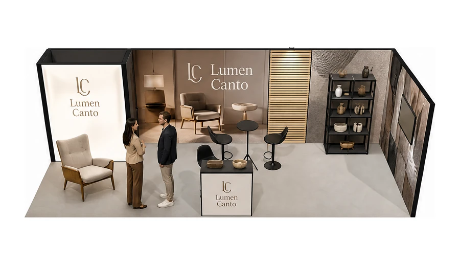 Stoisko 8 × 3 m narożne prawe dla branży meble designerskie, przykładowa marka Lumen Canto