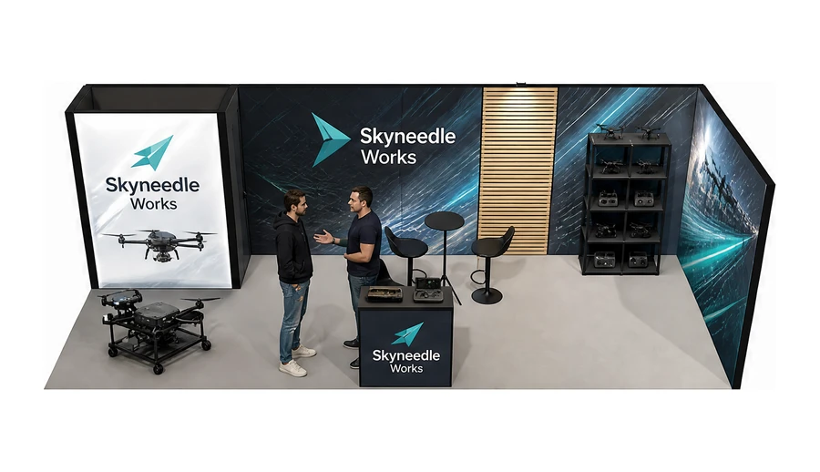 Stoisko 8 × 3 m narożne prawe dla branży drony i robotyka, przykładowa marka Skyneedle Works