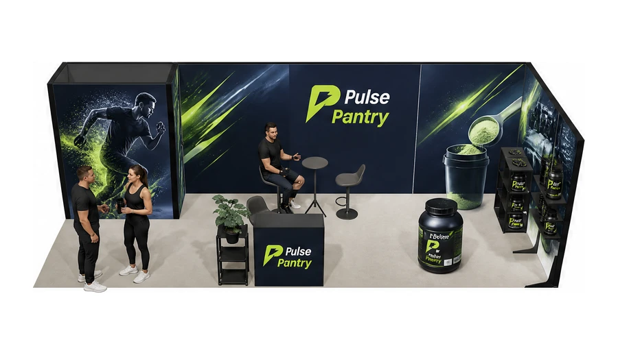 Stoisko 8 × 3 m narożne prawe dla branży suplementy diety, przykładowa marka Pulse Pantry