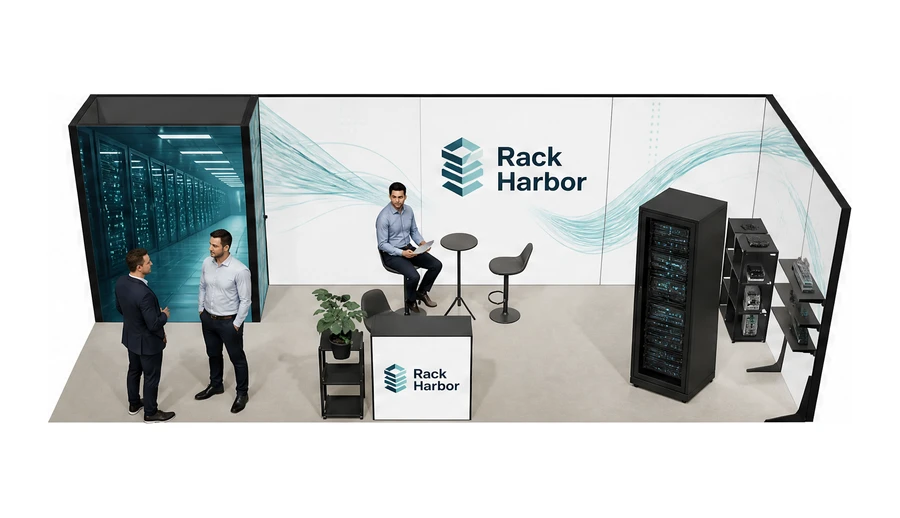 Stoisko 8 × 3 m narożne prawe dla branży infrastruktura IT i data center, przykładowa marka Rack Harbor