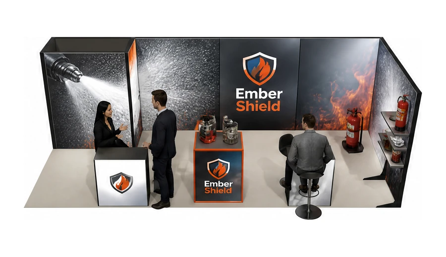 Stoisko 8 × 3 m narożne prawe dla branży ochrona przeciwpożarowa, przykładowa marka Ember Shield