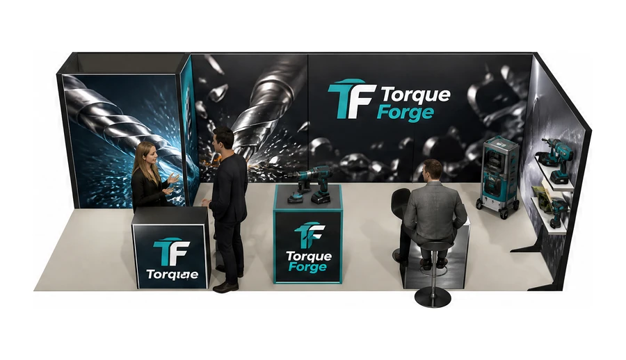 Stoisko 8 × 3 m narożne prawe dla branży elektronarzędzia, przykładowa marka Torque Forge