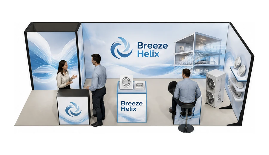 Stoisko 8 × 3 m narożne prawe dla branży wentylacja i klimatyzacja, przykładowa marka Breeze Helix
