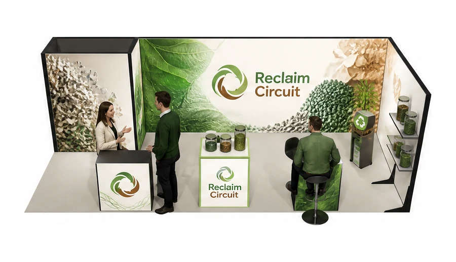 Stoisko 8 × 3 m narożne prawe dla branży recykling i ochrona środowiska, przykładowa marka Reclaim Circuit