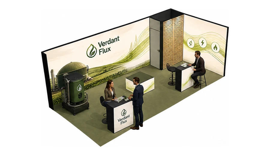 Stoisko 8 × 3 m narożne prawe dla branży biogaz i OZE, przykładowa marka Verdant Flux
