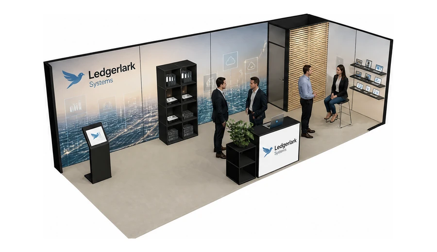 Stoisko 8 × 3 m narożne prawe dla branży oprogramowanie dla firm, przykładowa marka Ledgerlark Systems