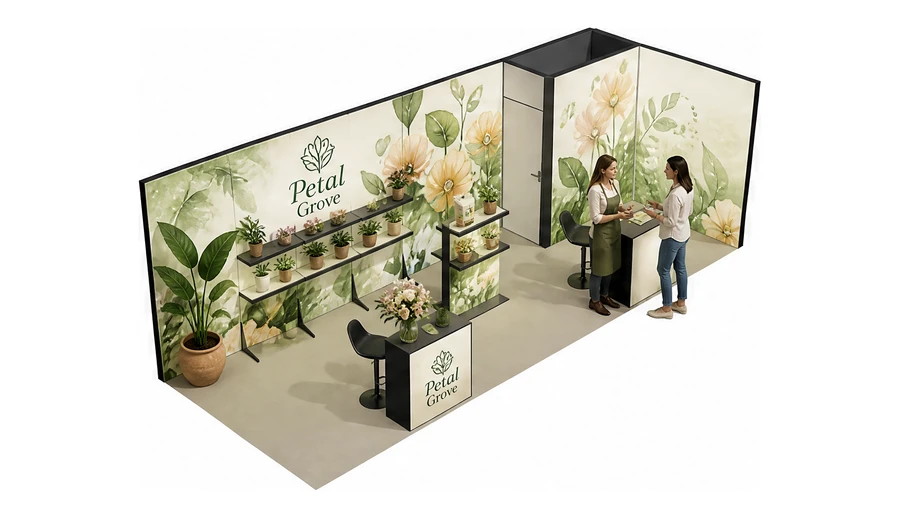 Stoisko 8 × 3 m narożne prawe dla branży rośliny i kwiaciarstwo, przykładowa marka Petal Grove