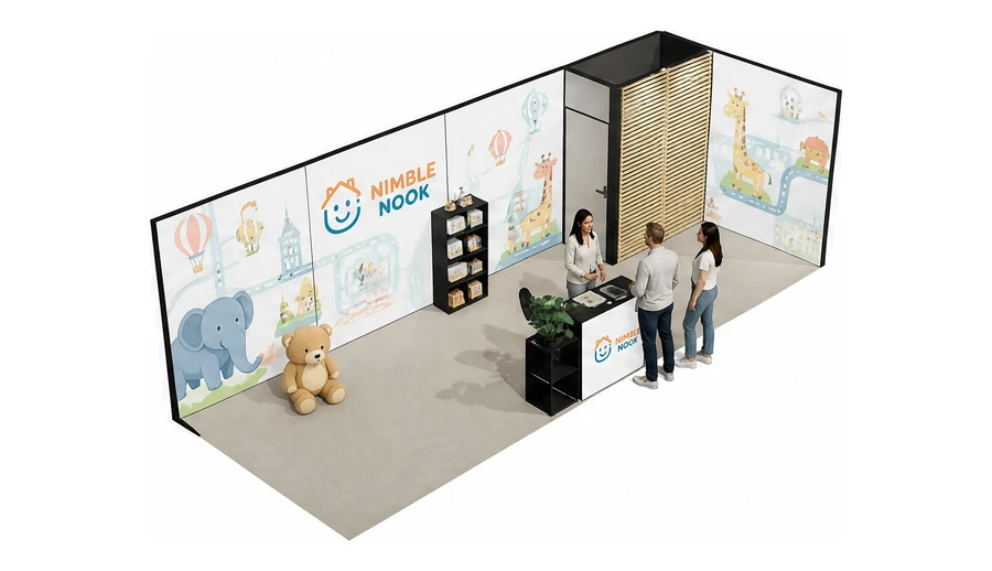 Stoisko 8 × 3 m narożne prawe dla branży zabawki i artykuły dziecięce, przykładowa marka Nimble Nook