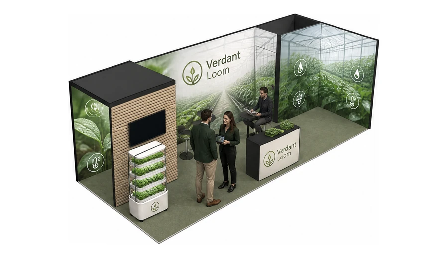 Stoisko 8 × 3 m narożne prawe dla branży sadownictwo i warzywnictwo, przykładowa marka Verdant Loom
