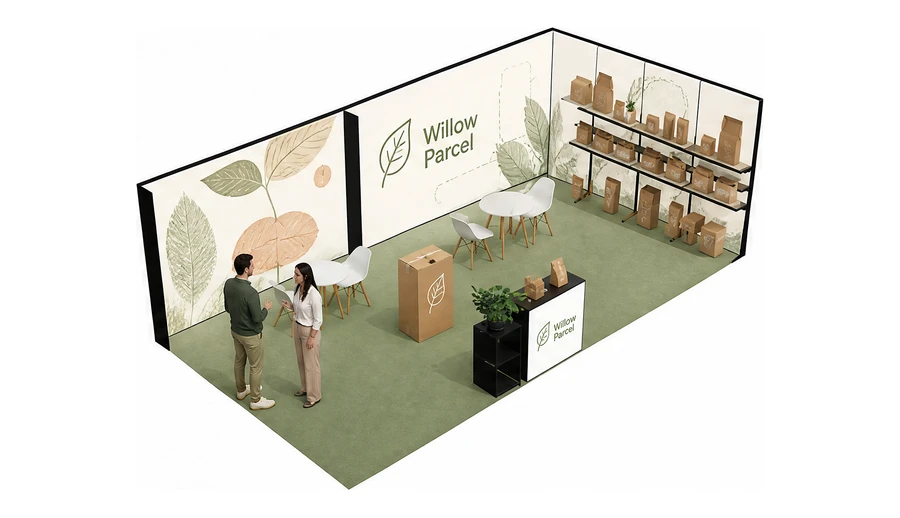 Stoisko 8 × 4 m narożne prawe dla branży opakowania ekologiczne, przykładowa marka Willow Parcel
