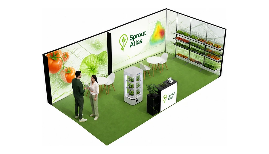 Stoisko 8 × 4 m narożne prawe dla branży sadownictwo i warzywnictwo, przykładowa marka Sprout Atlas