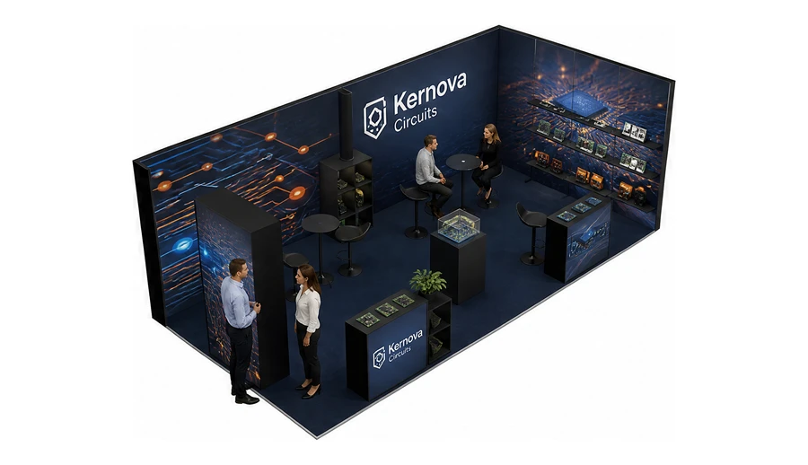 Stoisko 8 × 4 m narożne prawe dla branży komponenty elektroniczne, przykładowa marka Kernova Circuits