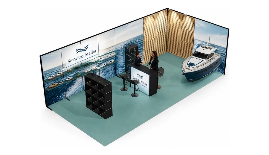Stoisko 8 × 4 m narożne prawe dla branży jachty i łodzie, przykładowa marka Seaward Atelier