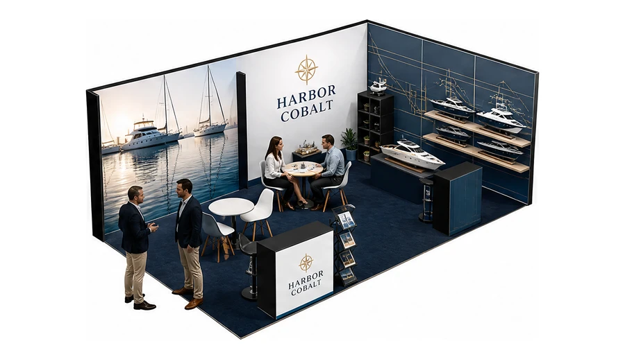 Stoisko 8 × 4 m narożne prawe dla branży jachty i łodzie, przykładowa marka Harbor Cobalt