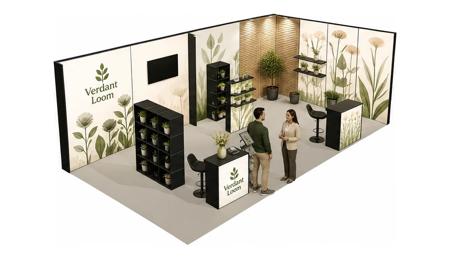 Stoisko 8 × 4 m narożne prawe dla branży rośliny i kwiaciarstwo, przykładowa marka Verdant Loom