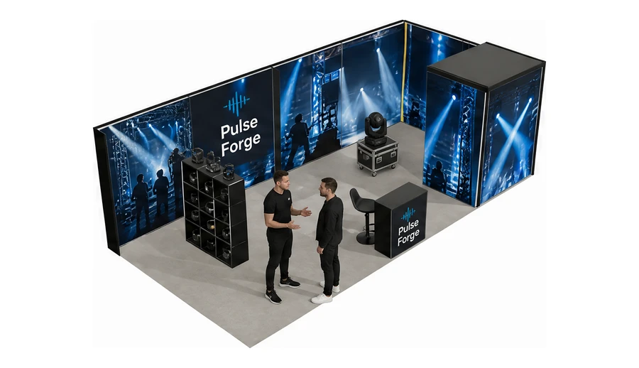 Stoisko 8 × 4 m narożne prawe dla branży branża eventowa, przykładowa marka Pulse Forge